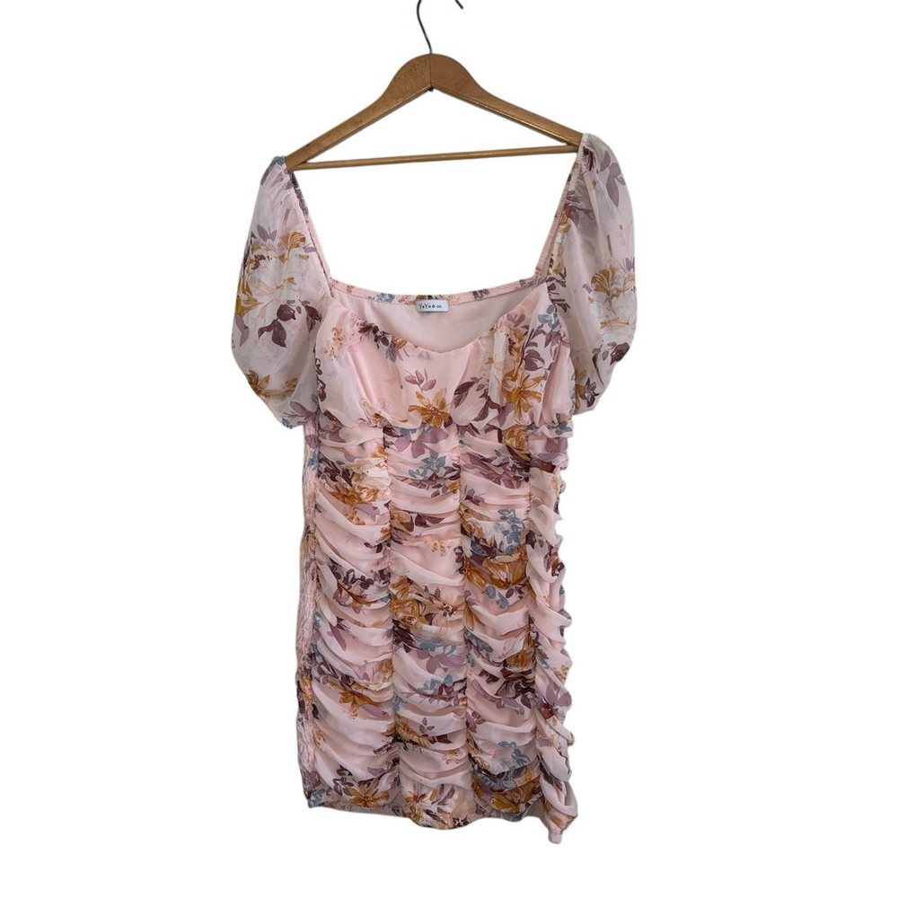 YaYa & Co Womens Fitted Shirred Floral Puff Sleeves Chiffon Romantic Sz. L - Picture 7 of 8